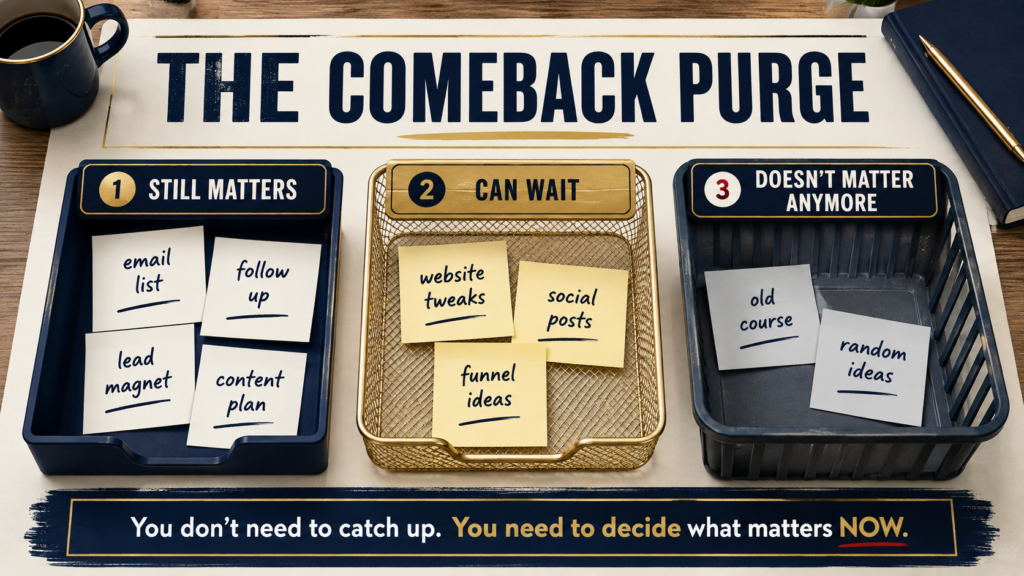 Comeback Purge graphic showing business tasks sorted into Still Matters, Can Wait, and Doesn’t Matter Anymore