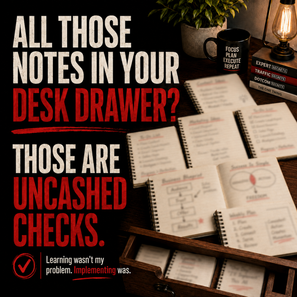 Notes representing uncashed checks and the importance of implementing what you learn in business